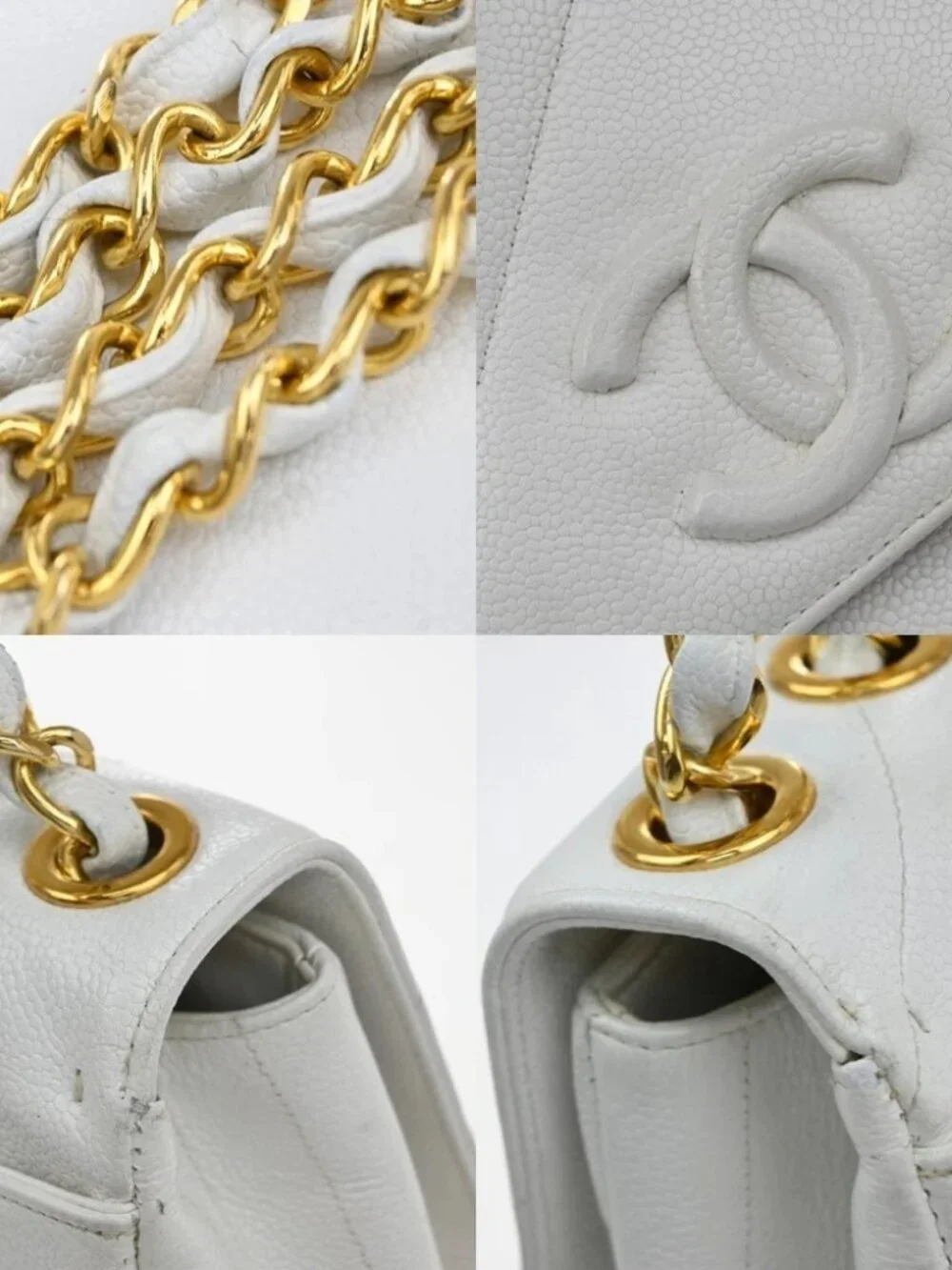 CHANEL CC Chain Shoulder Bag Grained Calfskin Leather White Vintage